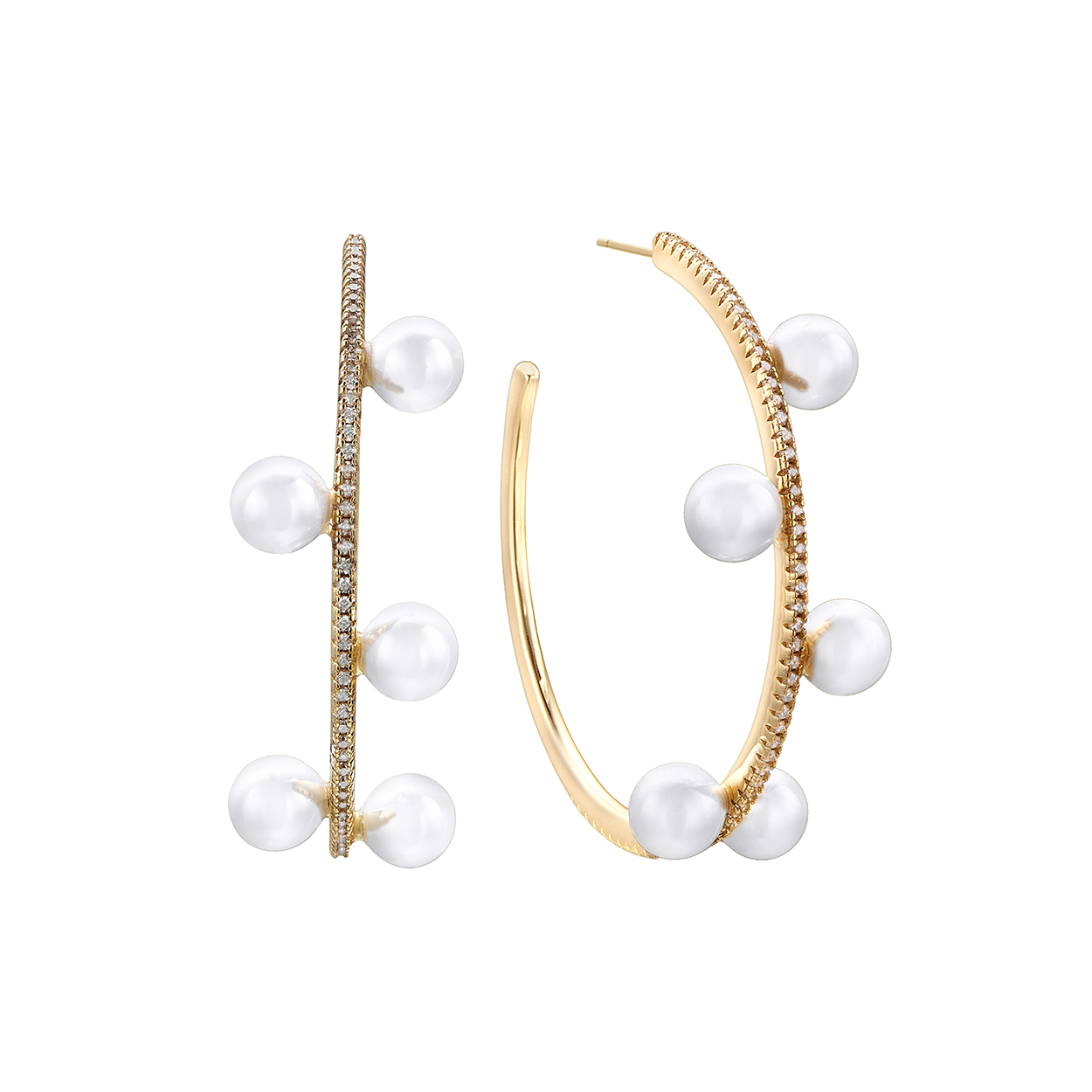 Pendientes aros con cinco perlas naturales y detalle de pave, dorados, 4,5 cm