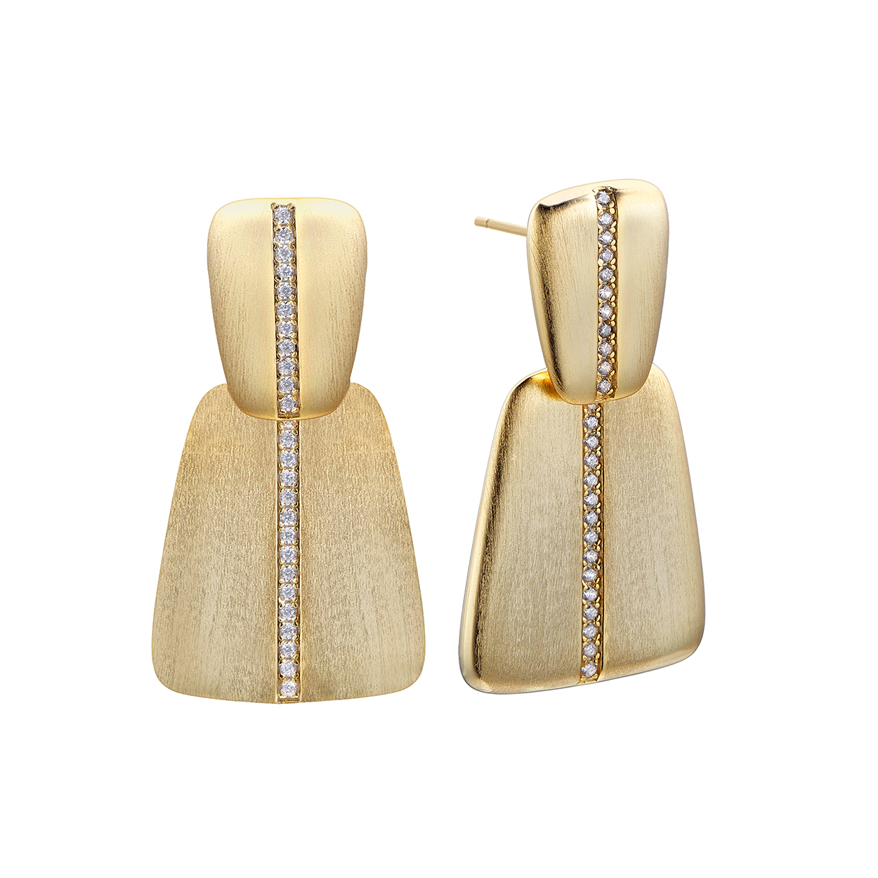 Pendientes dobles, plata dorada satinado, detalle de pave
